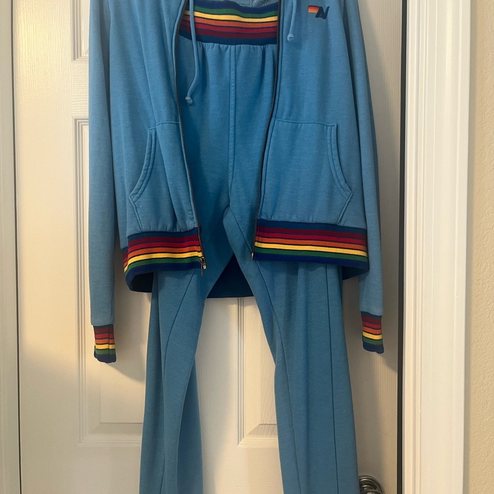 Aviator Nation Rainbow Rib Blue Hoodie and sweatpants set